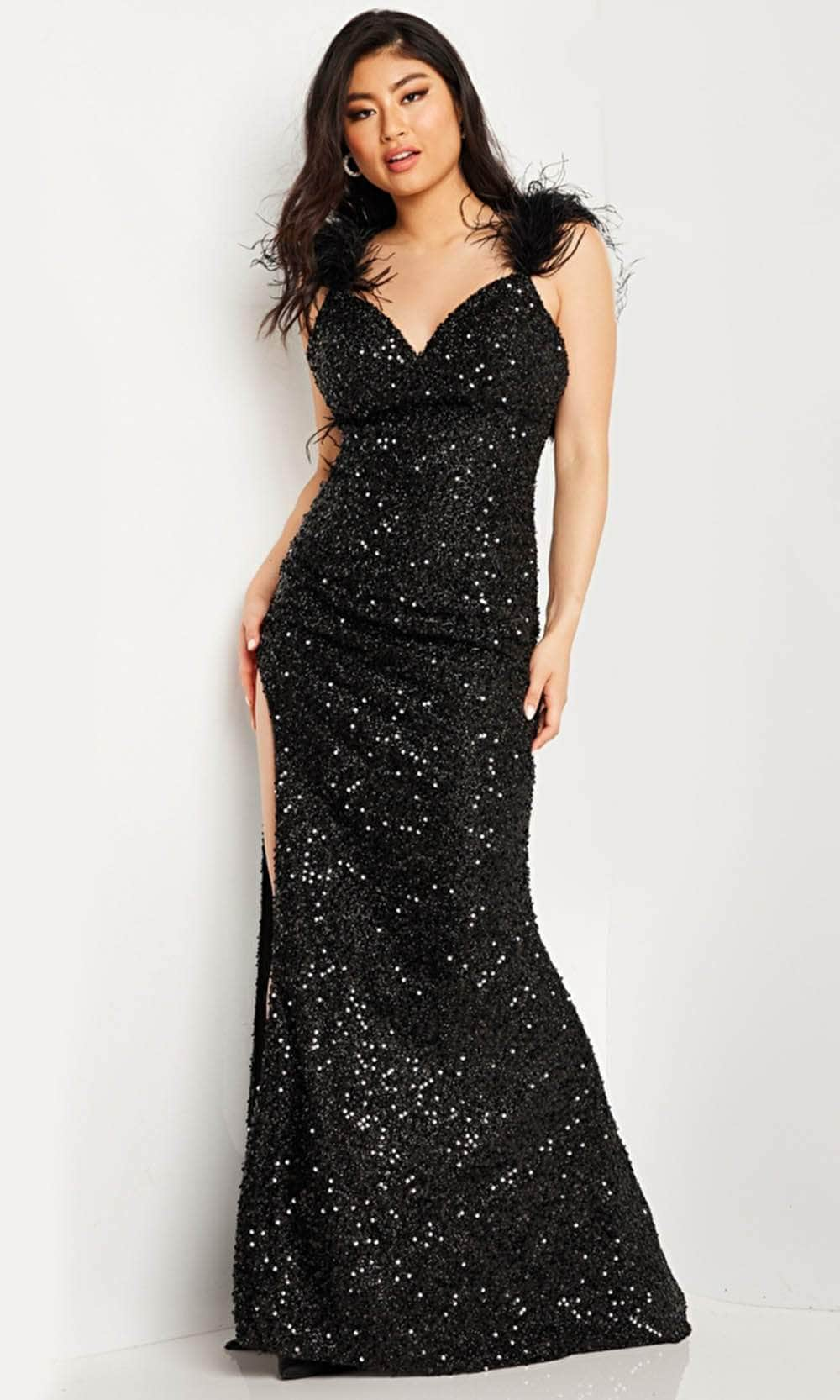 JVN by Jovani JVN36417 - Feather Detailed Sequin Evening Dress ...