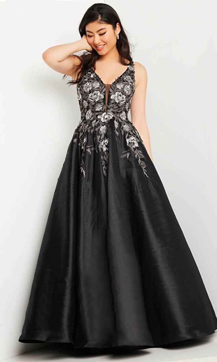 JVN by Jovani JVN37485 - Sleeveless Floral Embroidered Ballgown Ballgown Dresses 00 / Black