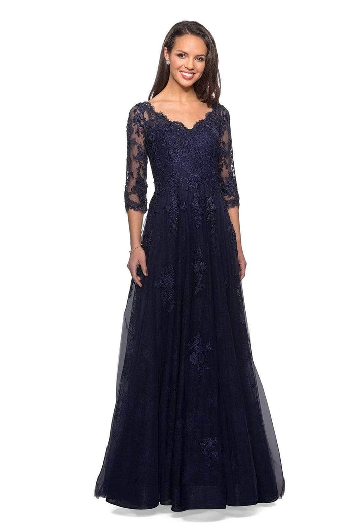 La Femme - 26959 Quarter Sleeve Scalloped Neck Dress Evening Dresses 18 / Navy