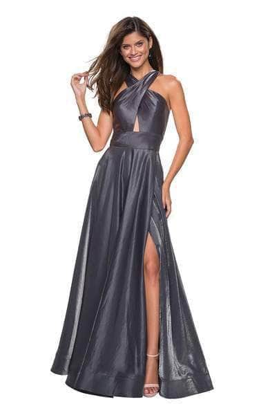 La Femme - 27151 Sleeveless Crisscross Halter Long Gown Prom Dresses 4 / Platinum