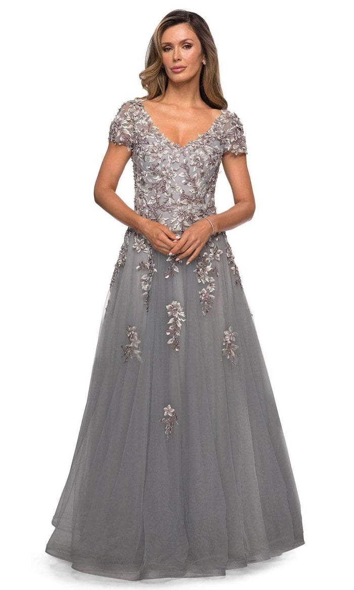 La Femme 27968SC - Appliqued Short Sleeve Formal Gown Mother of the Bride Dresses 10 / Gray