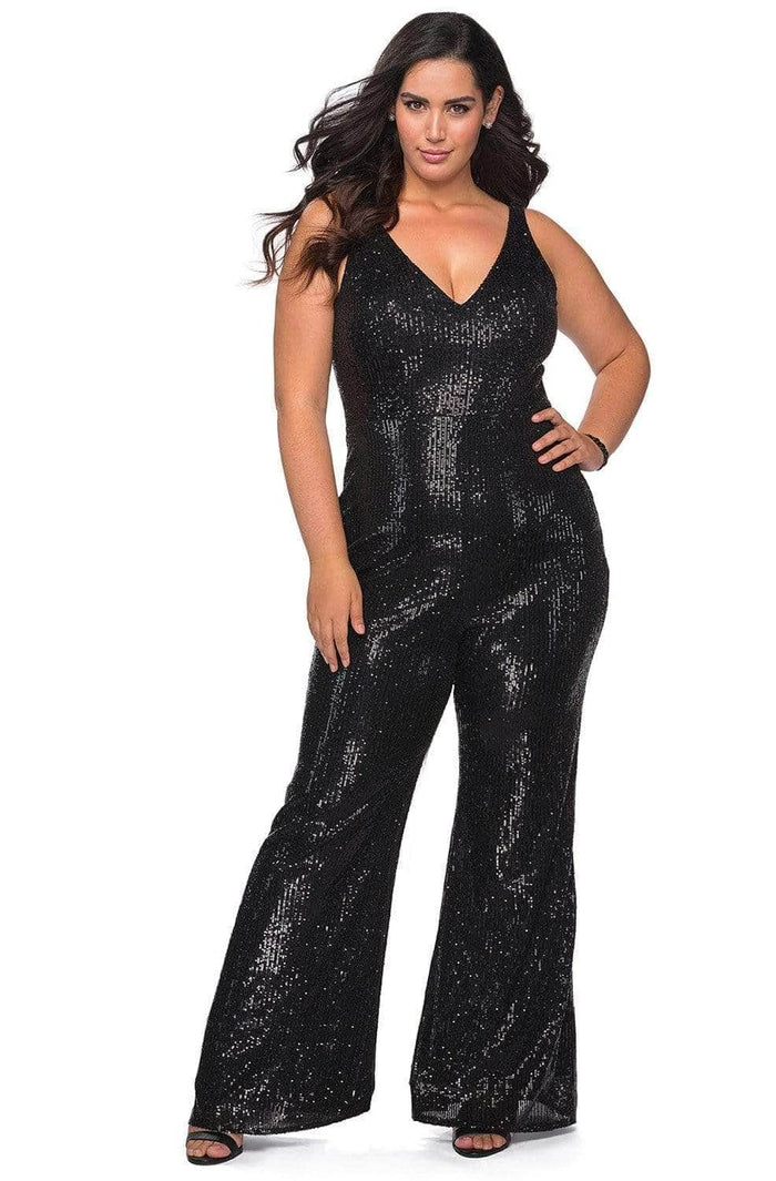 La Femme 29003SC - V-Neck Shimmer Jumpsuit Evening Dresses 12W / Black