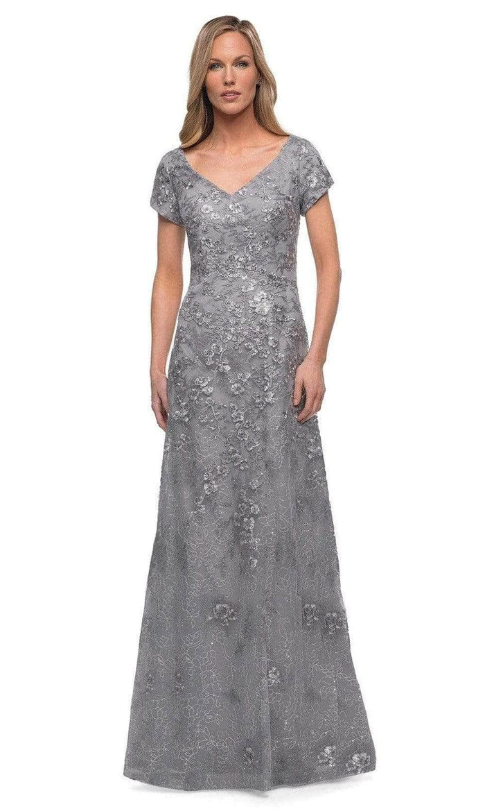 La Femme 29291SC - Short Sleeve Embroidered Formal Dress Mother of the Bride Dresses 10 / Silver