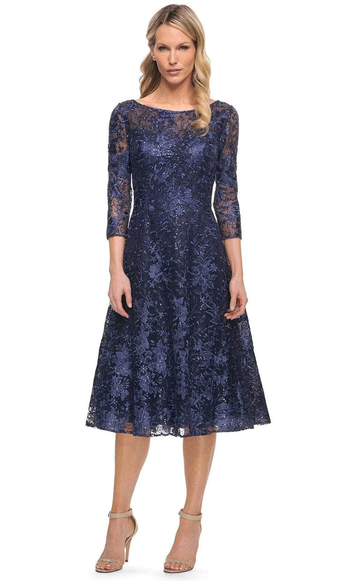 La Femme 30005SC - Bateau Neck Embroidered Dress Cocktail Dresses 4 / Navy