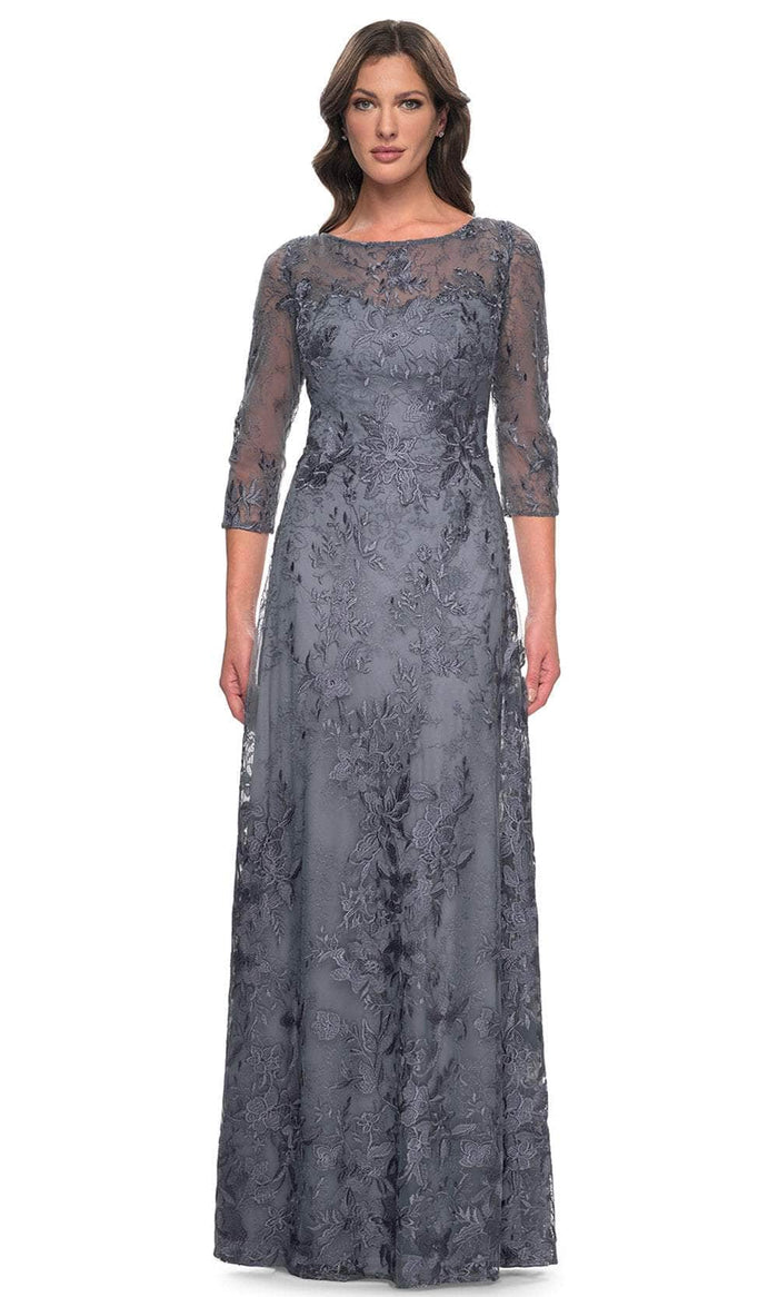 La Femme 30060SC - Sheer Quarter Sleeve Evening Dress Evening Dresses 16 / Slate