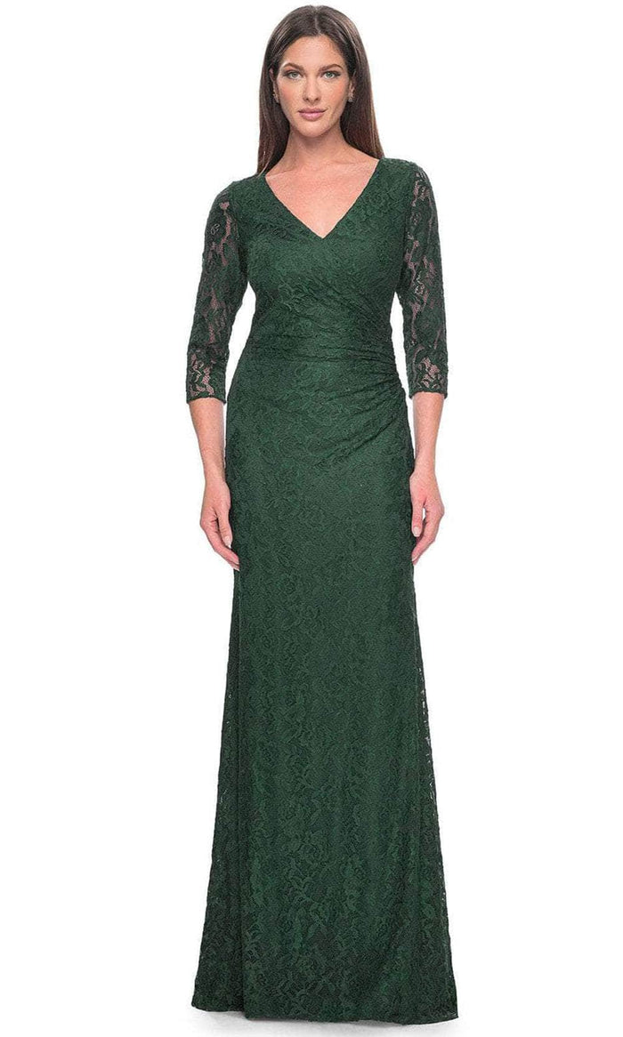 La Femme 30379 - V-Neck Lace Formal Dress Evening Dresses 4 / Dark Emerald