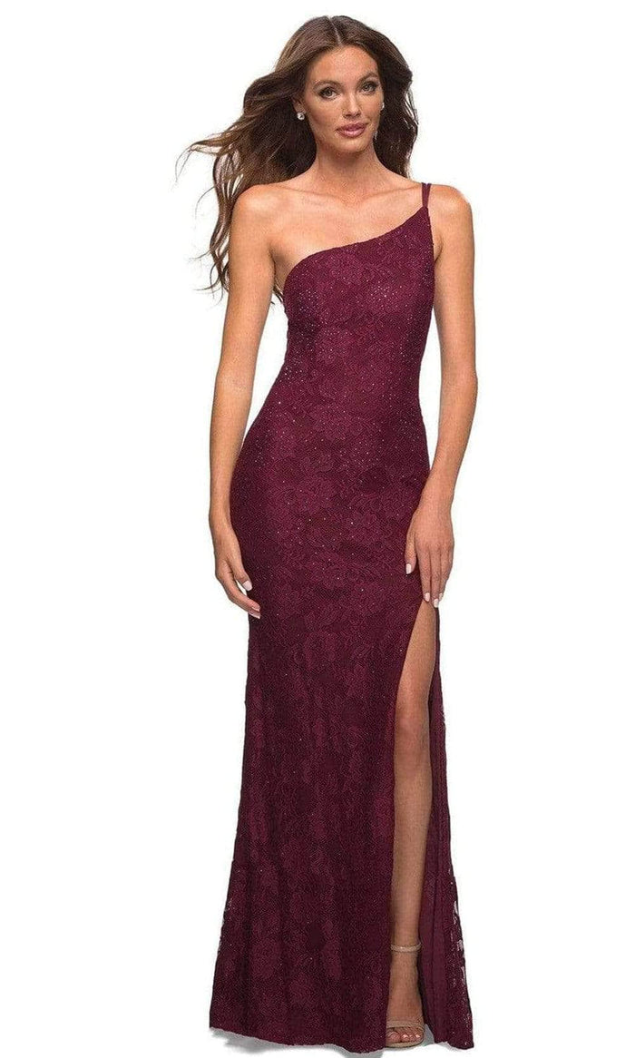 La Femme 30441SC - Floral Lace Asymmetric Prom Gown Prom Dresses 0 / Dark Berry