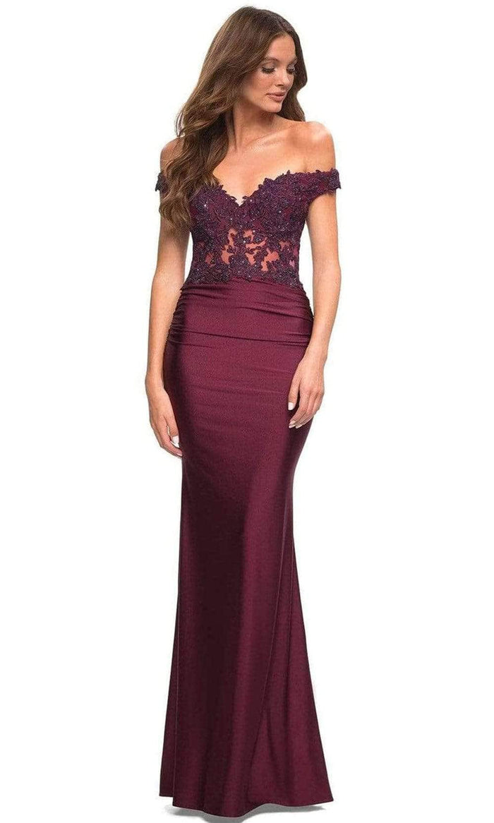 La Femme - 30741 Off-Shoulder Embroidered Prom Dress Prom Dresses 6 / Dark Berry