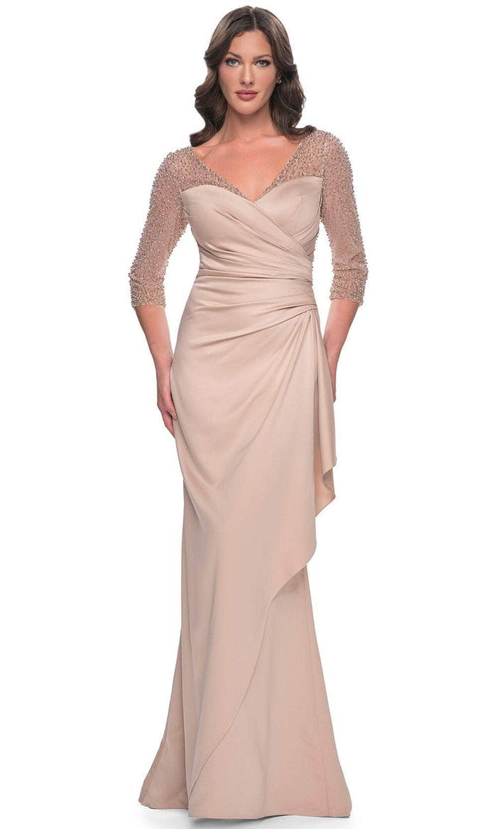 La Femme 31011SC - Beaded Illusion Quarter Sleeve Evening Gown Evening Dresses 20 / Champagne