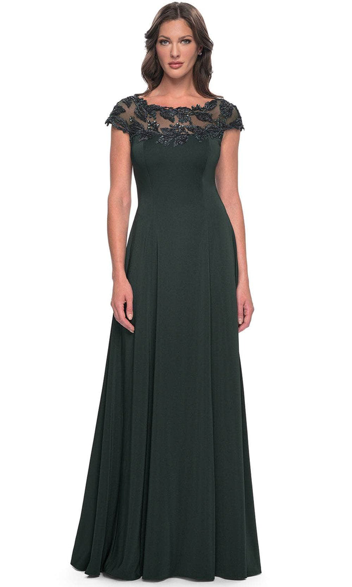 La Femme 31195 - Cap Sleeve Applique Evening Dress Evening Dresses 2 / Emerald