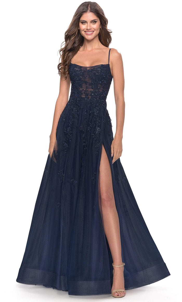 La Femme 31381SC - Beaded Applique A-Line Prom Gown Prom Dresses 12 / Navy