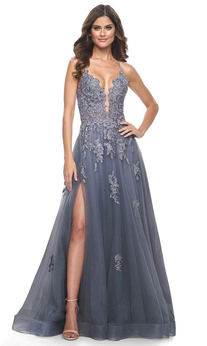 La Femme 31472 - Beaded Appliqued Plunging Prom Gown Evening Dresses 00 / Slate