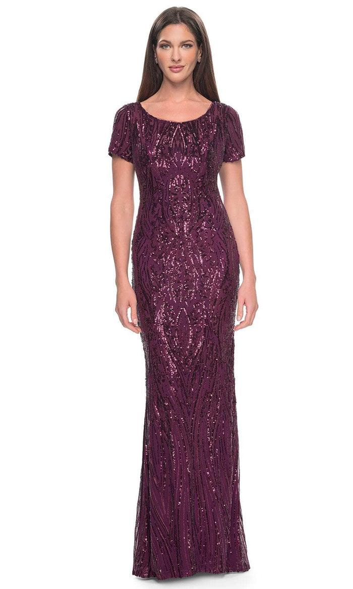 La Femme 31852SC - Patterned Sequin Scoop Formal Dress Mother of the Bride Dresses 12 / Dark Berry