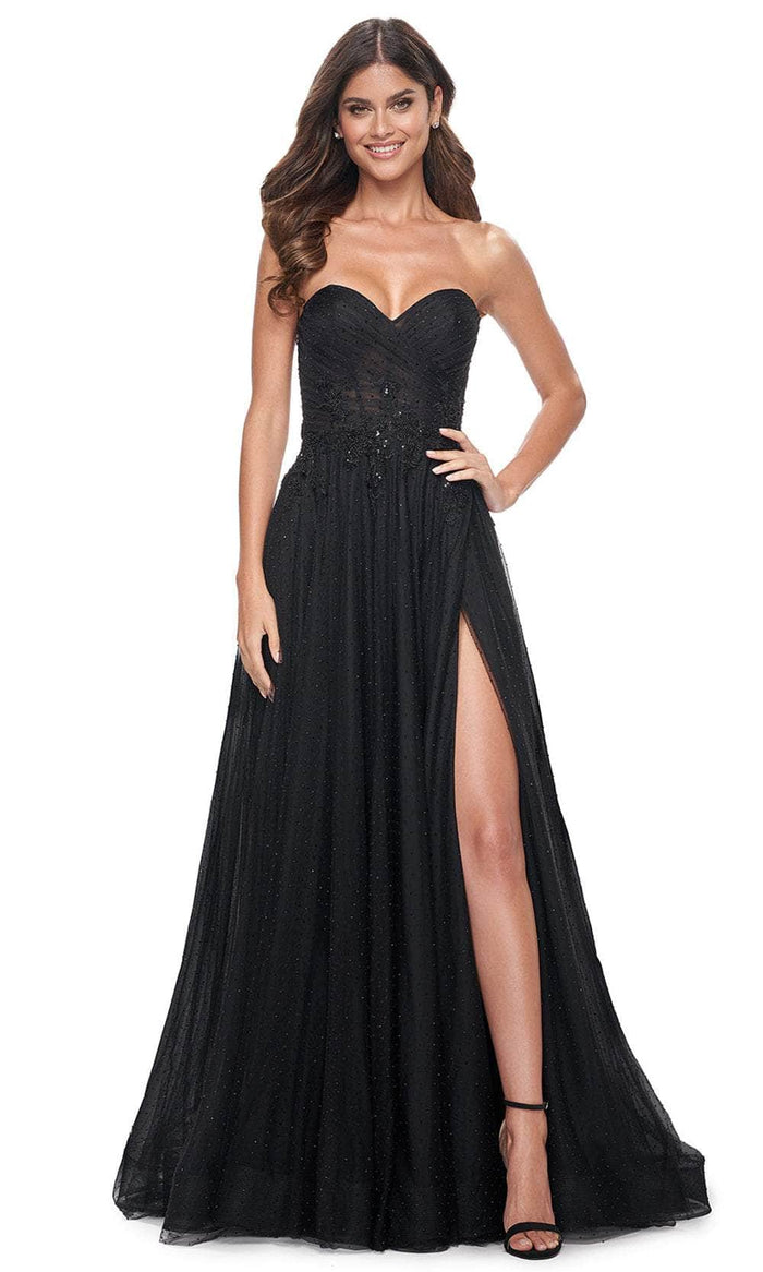 La Femme 32005 - Ruched Illusion Strapless Prom Gown Special Occasion Dress 00 / Black