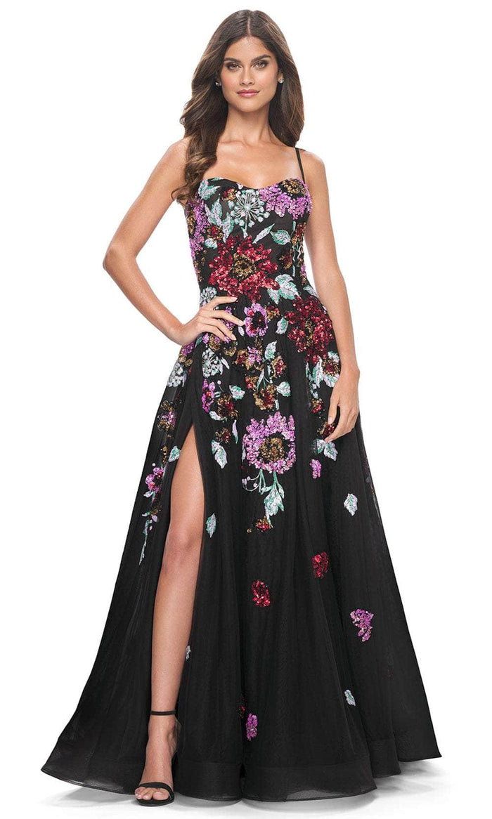 La Femme 32019 - Floral Sequin Embellished A-Line Prom Gown Evening Dresses 00 / Black