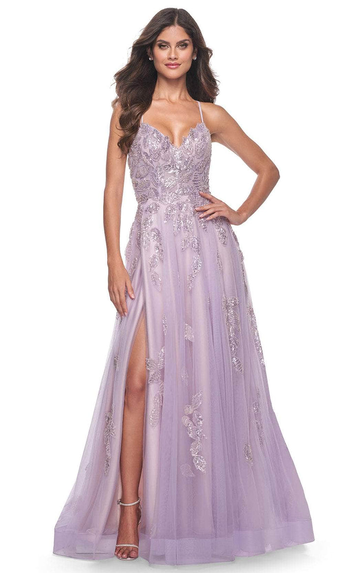 La Femme 32090 - V-Neck Beaded Foliage Prom Gown Prom Dresses 00 / Lavender