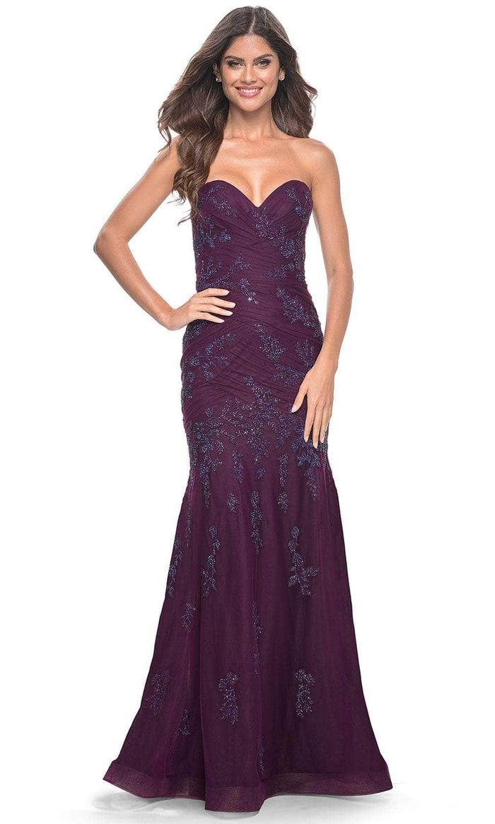 La Femme 32121 - Beaded Applique Strapless Prom Gown Evening Dresses 00 / Dark Berry
