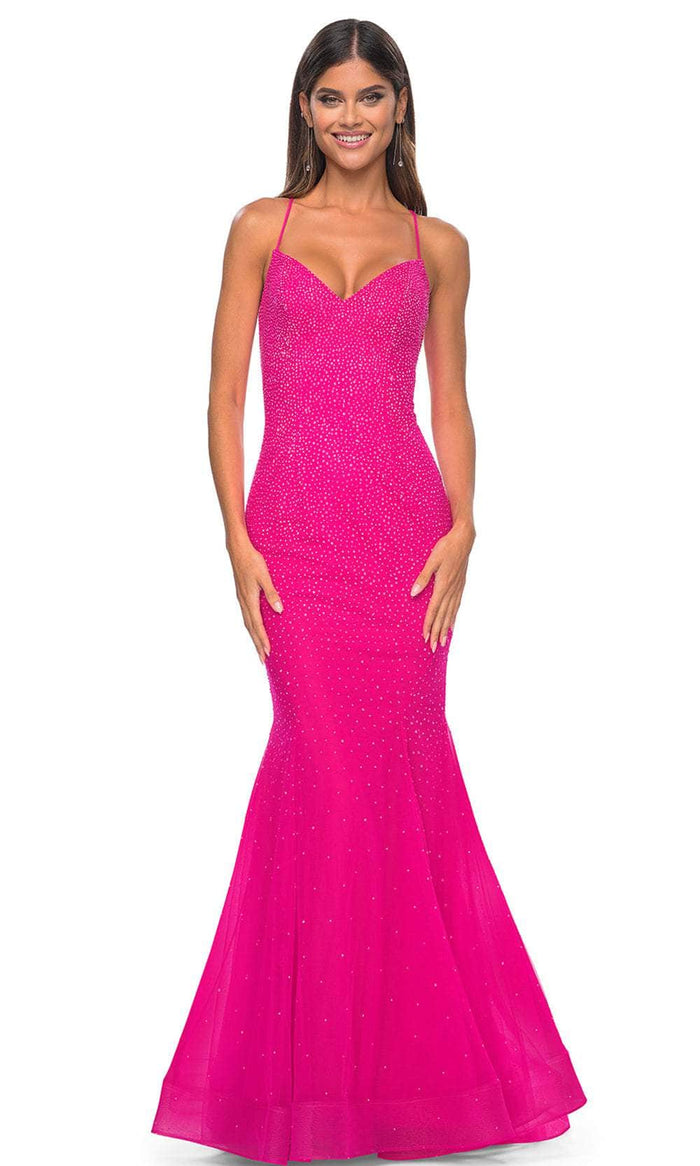 La Femme 32273 - Embellished V-Neck Prom Dress Evening Dresses 00 / Hot Fuchsia