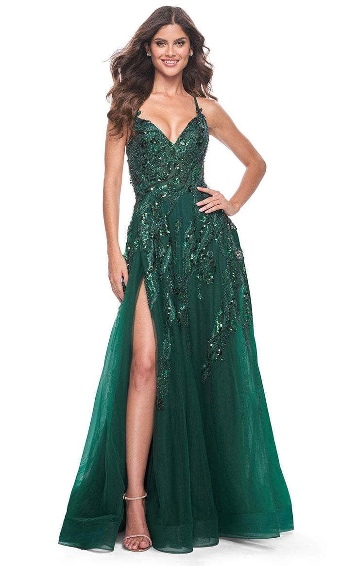 La Femme 32346 - Beaded V-Neck Prom Gown Evening Dresses 00 / Emerald