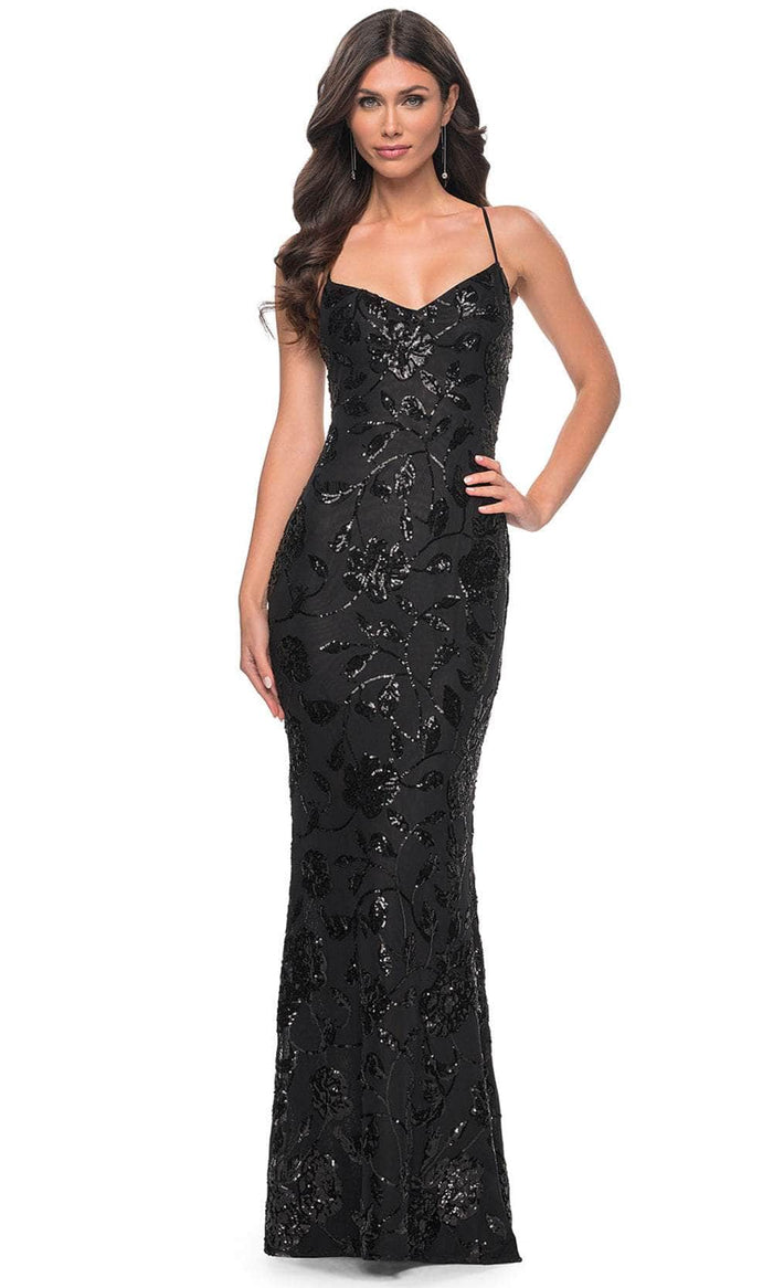 La Femme 32415 - Floral Sequin Sleeveless Prom Gown Evening Dresses 00 / Black