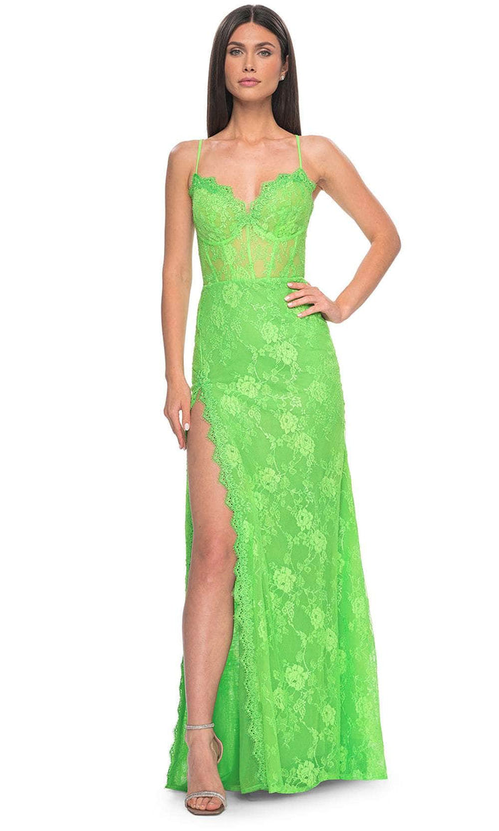 La Femme 32441 - Floral Lace V-Neck Prom Gown Evening Dresses 00 / Bright Green