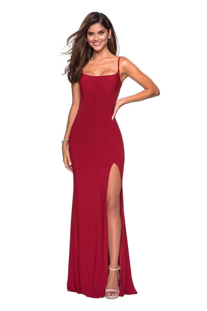 La Femme - Ladder Back Scoop Evening Dress with Slit 27469 Evening Dresses 0 / Deep Red