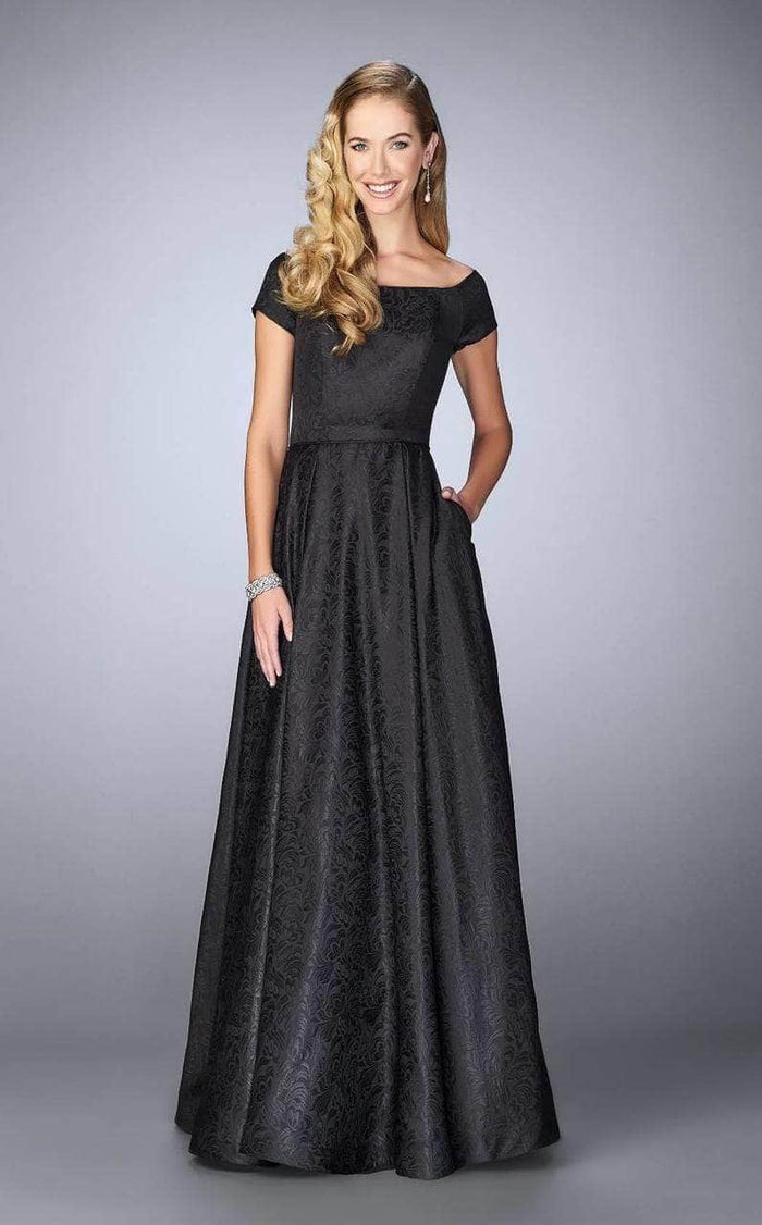 La Femme - Off-Shoulder Jacquard A-Line Evening Dress 24859SC Bridesmaid Dresses 6 / Black