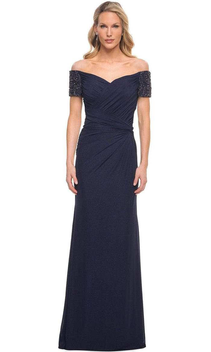 La Femme - Off Shoulder Sleeve Formal Dress 30057SC Mother of the Bride Dresses 4 / Navy