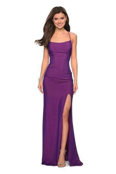 La Femme - Plunging Back Ruched High Slit Gown 27660SC Military Ball 2 / Violet