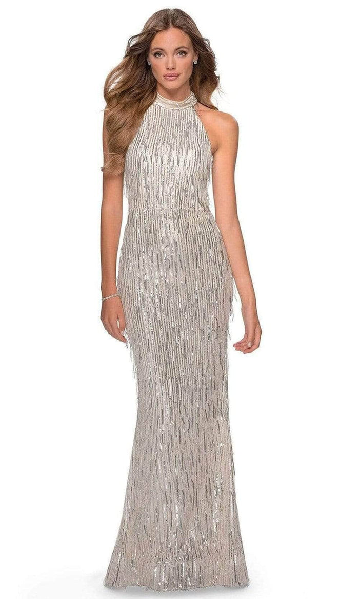 La Femme - Sequined Fringe High Halter Evening Dress 28819SC - 1 pc Silver In Size 0 Available Evening Dresses 0 / Silver