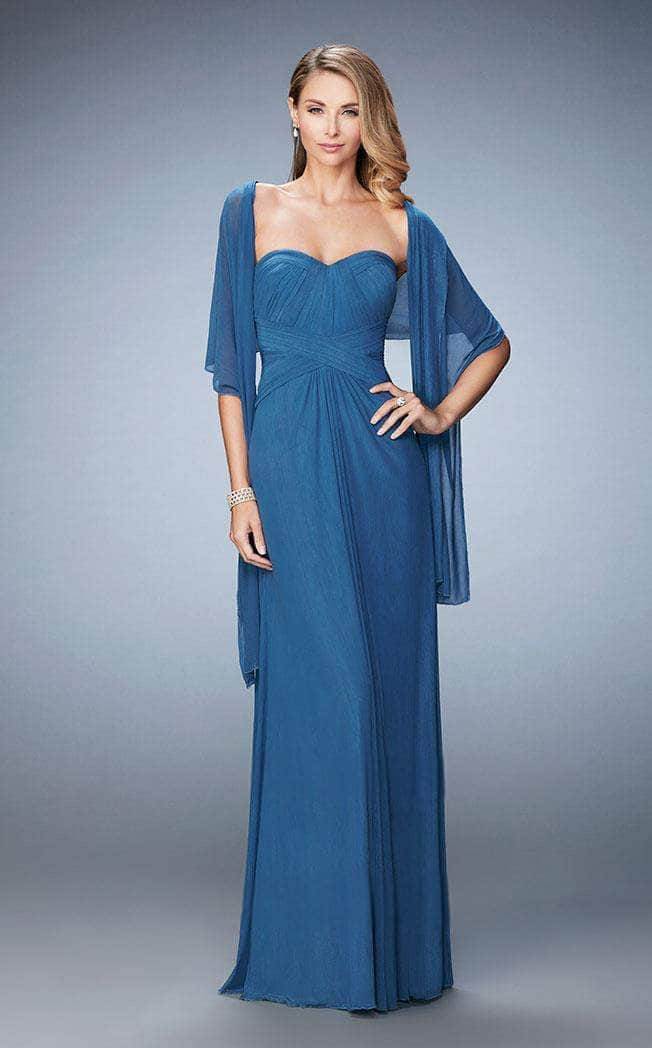 La Femme Strapless Ruched Sheath Long Dress with Shawl 23023SC - 1 Pc. Slate Blue In size 8 Available Military Ball 8 / Slate Blue