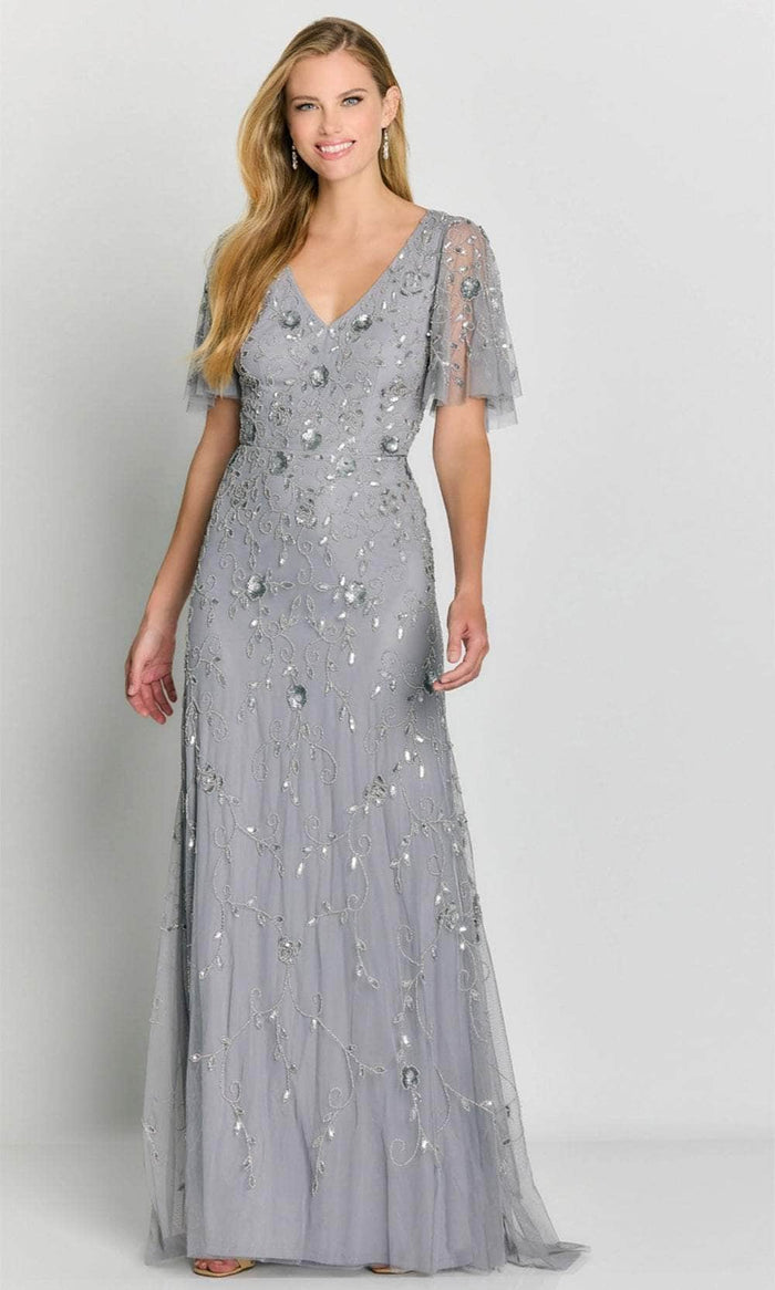 La Valleta LV6105 - Flutter Sleeve Ornate Evening Dress Special Occasion Dress XS / Silver