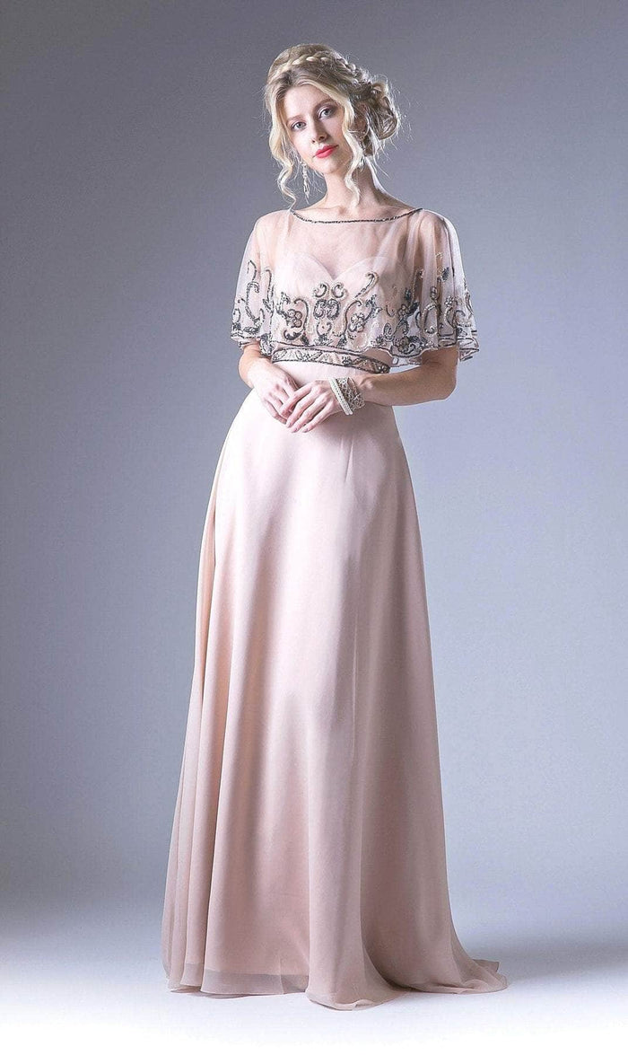 Ladivine 13046 - Embellished Illusion Cape Formal Gown Special Occasion Dress 10 / Peach