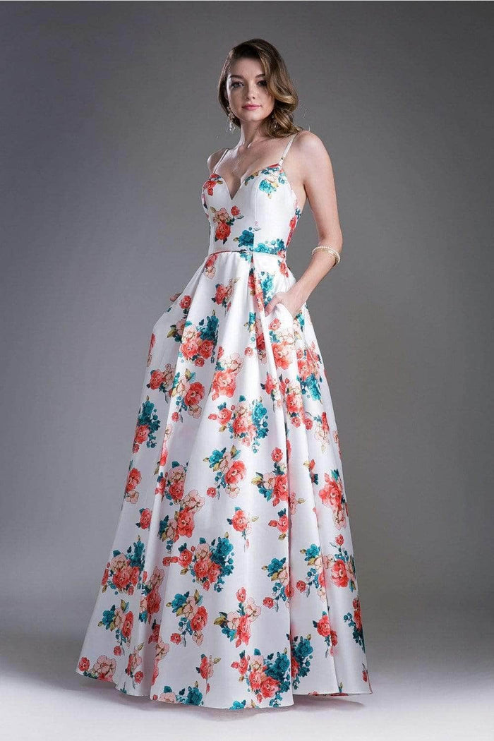 Ladivine 13103 - Sweetheart Neck Evening Gown with Floral Pleats Evening Dress Evening Dresses 2 / White Print