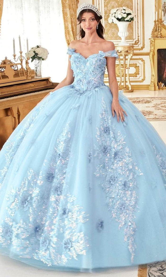 Ladivine 15713 - 3D Floral Applique Embellished Sweetheart Ballgown Ball Gowns XXS / Lt Blue