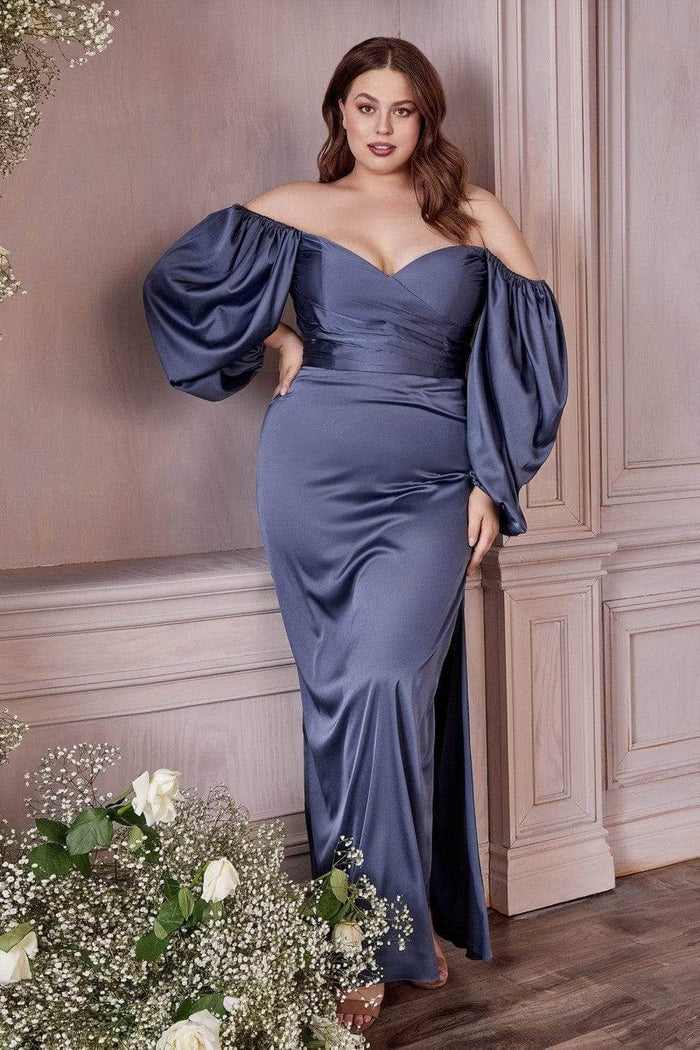 Ladivine 7482C - Off Shoulder Side Slit Evening Dress Bridesmaid Dresses 22 / Smoky Blue