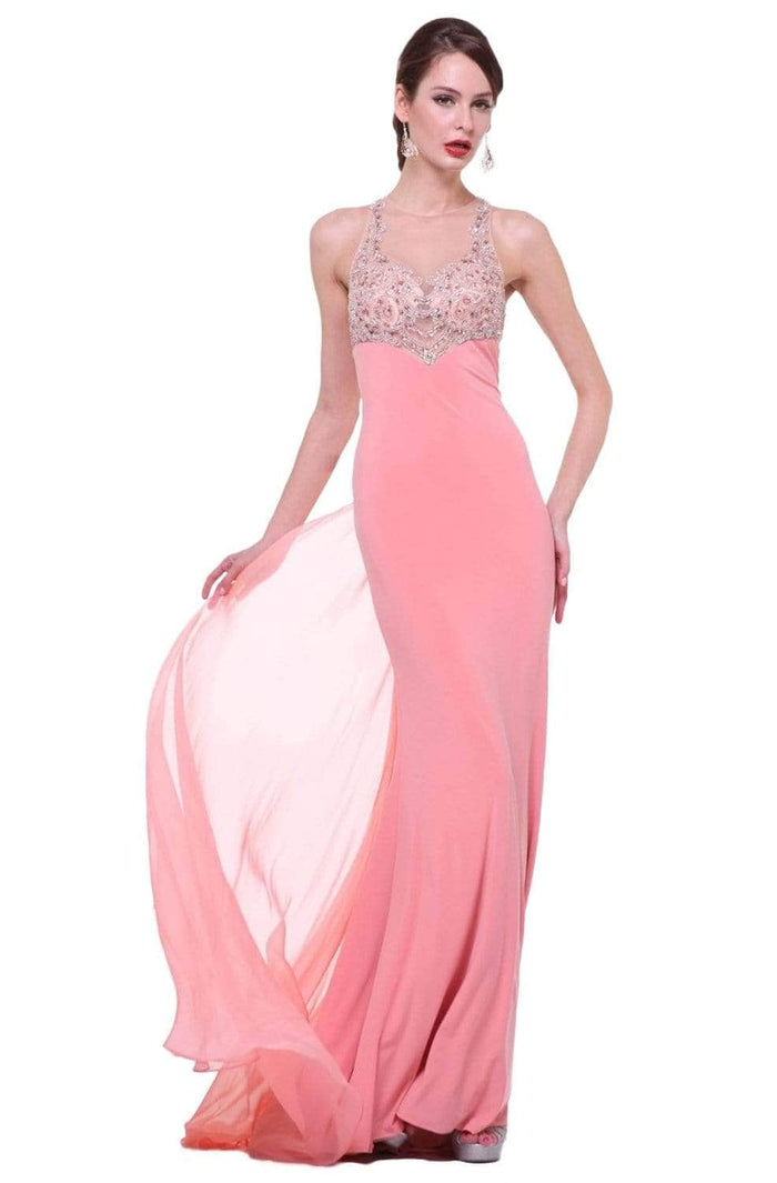 Ladivine 8744 - Beaded Illusion Sheat Evening Dress Evening Dresses 2 / Coral