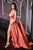 Ladivine A0065 - Caped with Satin High Slit Evening Dress Evening Dresses 2 / Coral