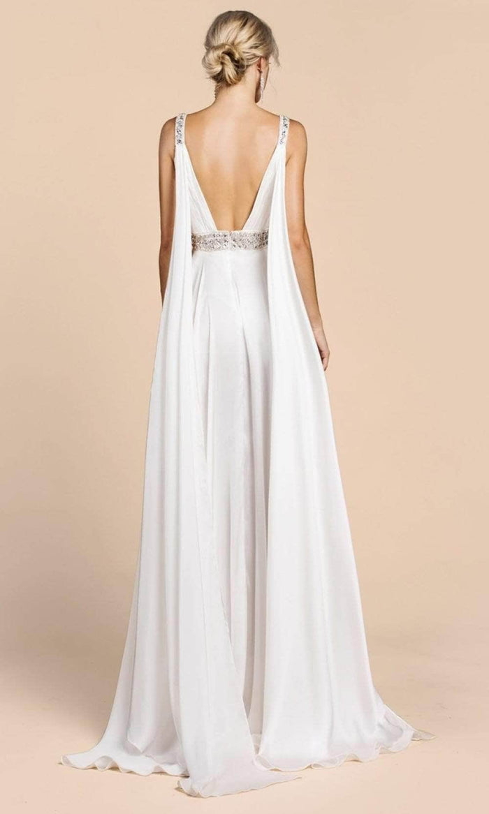 Ladivine A0065 - Caped with Satin High Slit Evening Dress Evening Dresses 2 / Off White