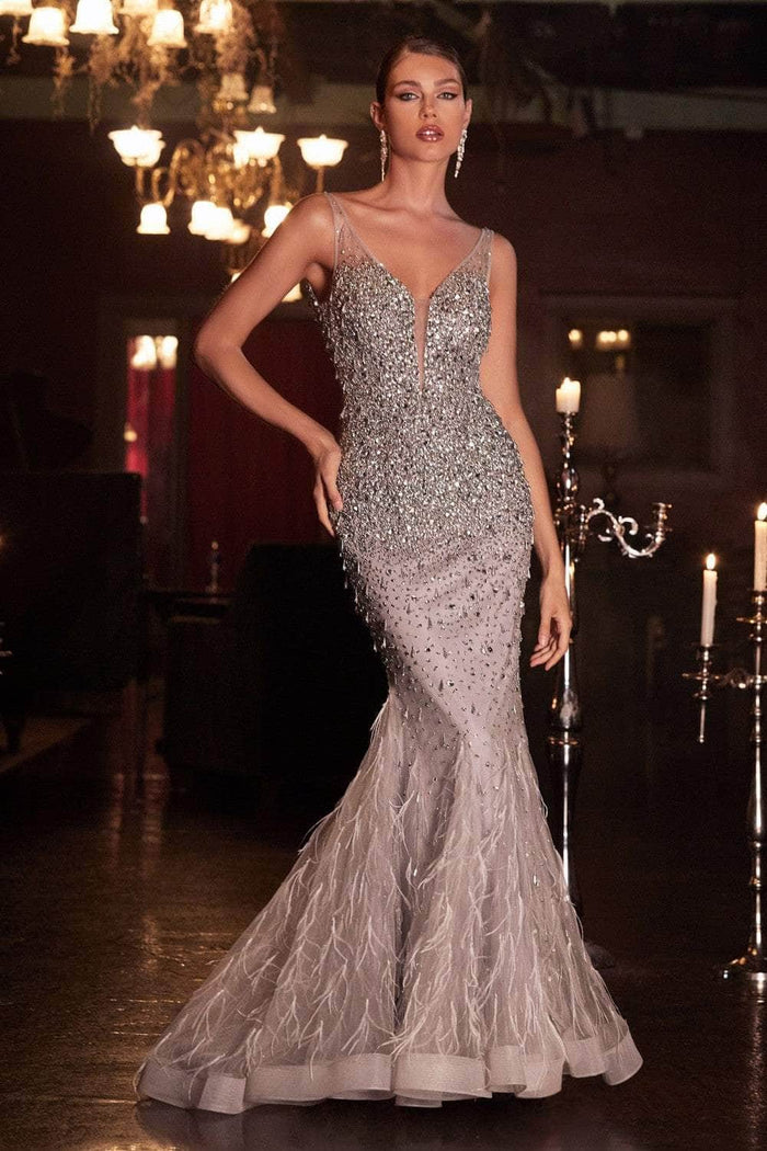 Ladivine B718 - Rhinestone Plunging V-Neck Prom Gown Prom Dresses 8 / Silver