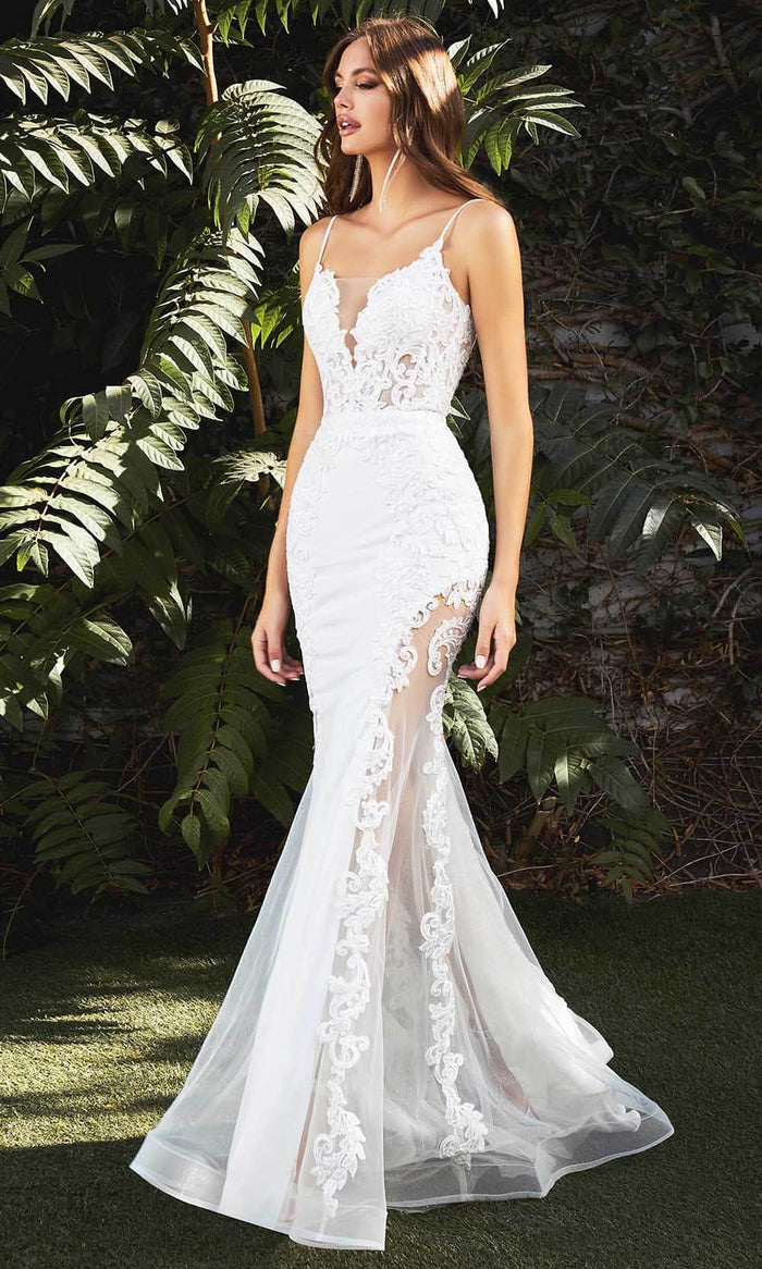 Ladivine Bridals - CD937W Plunging Neck Lace Apllique Bridal Gown Wedding Dresses 4 / Off White