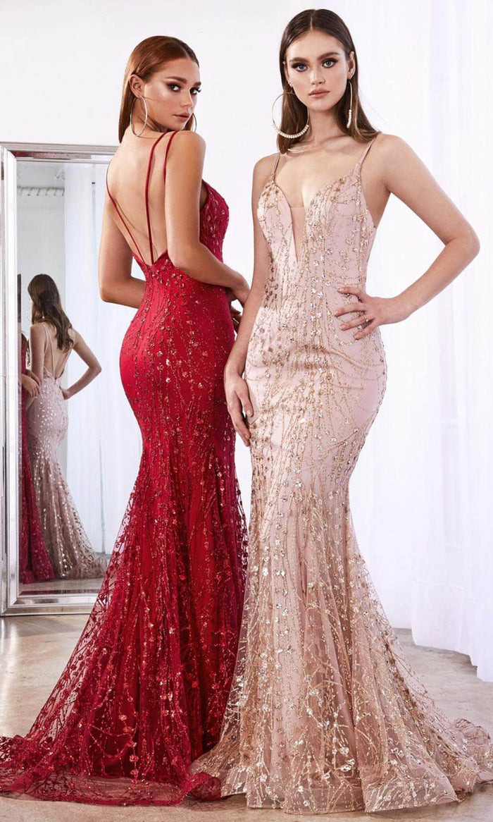 Ladivine C25 - Glitter Plunging V-Neck Prom Gown Special Occasion Dress 16 / Rose Gold