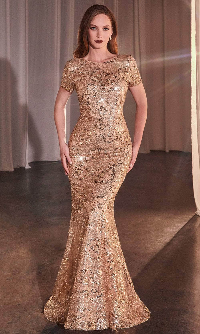 Ladivine CC3700 - Short Sleeve Sequin Print Evening Dress Mother of the Bride Dresses 4 / Rose Gold