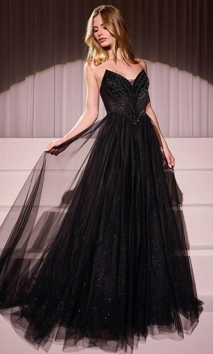 Ladivine CC415 - Embellished V-Neck Long Gown Prom Dresses 2 / Black