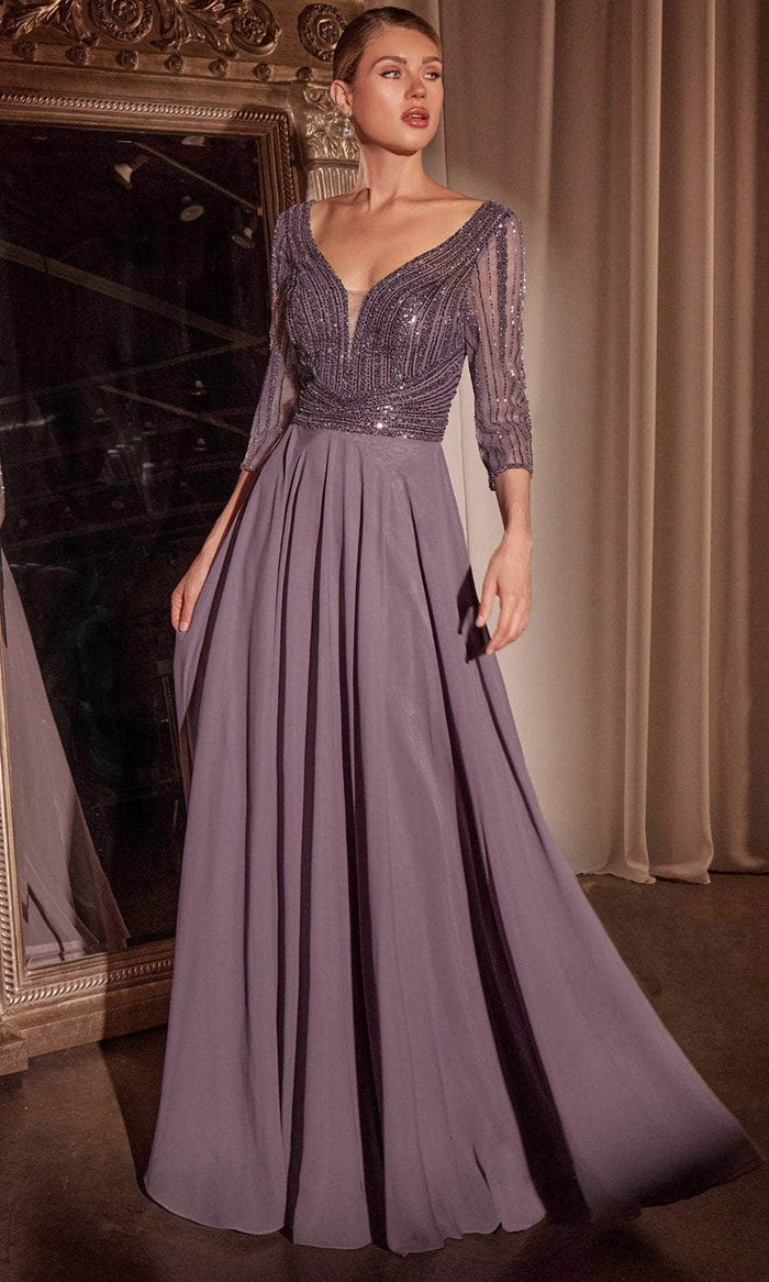 Ladivine CC446 - Beaded Plunging V-Neck Evening Dress Mother of the Bride Dresses 0 / English Violet