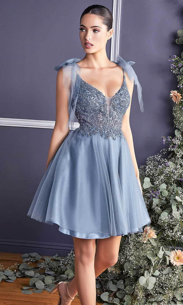 Ladivine CD0174 - Bow Strap A-Line Cocktail Dress Cocktail Dresses S / Smoky Blue