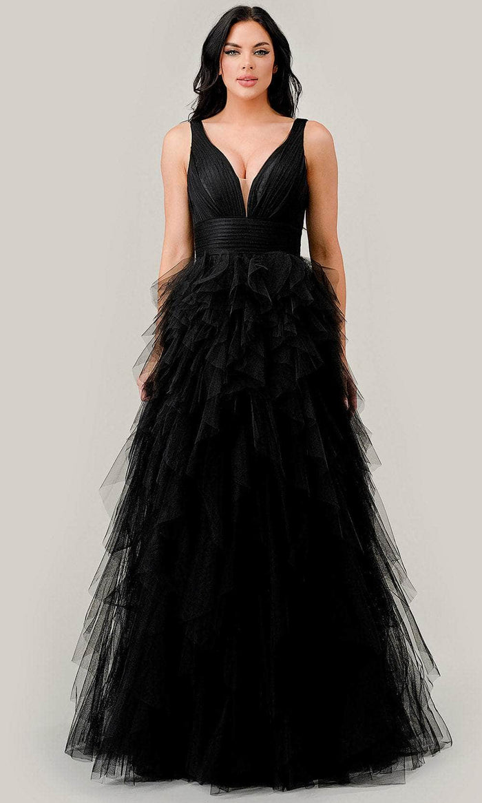 Ladivine CD347 - Plunging V-Neck Ruched Detail Prom Gown Prom Dresses 2 / Black