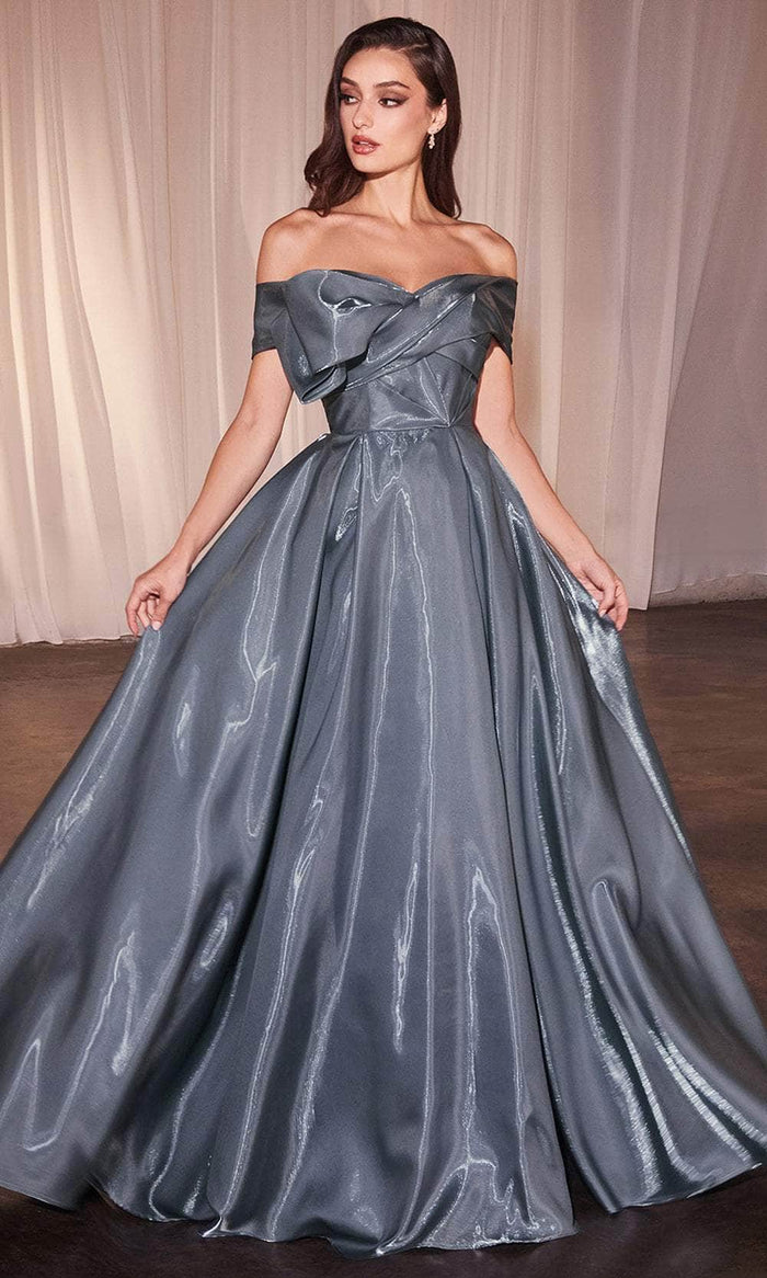 Ladivine CD801 - Off Shoulder Pleated Ballgown Ball Gowns 4 / Smoky Blue