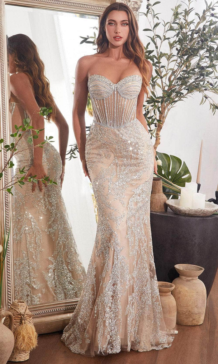 Ladivine CD847 - Rhinestone Embellished Sheer Corset Prom Gown Prom Dresses 2 / Silver-Nude