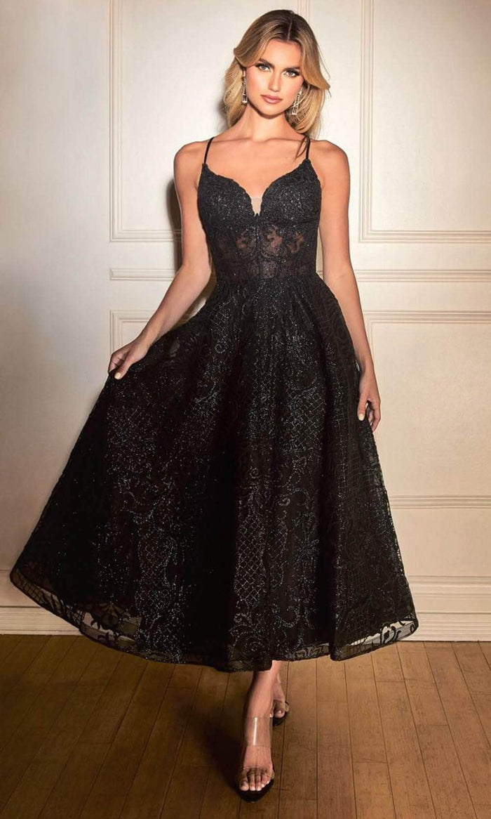 Ladivine CD872 - Tea-Length Embellished Dress Cocktail Dresses 10 / Black